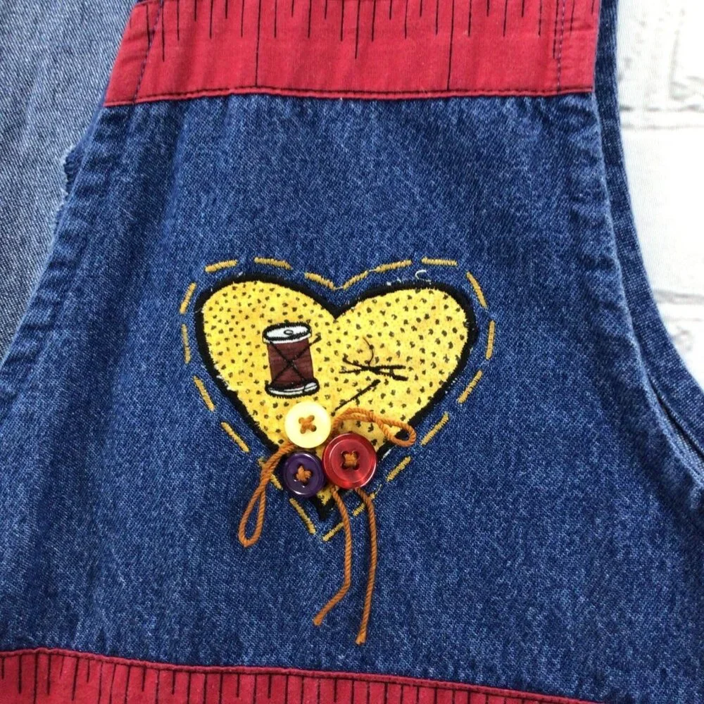 Vtg 80's Denim Vest Womens Sz‎ XL Sewing Theme Cottage Core Kitschy Grannycore